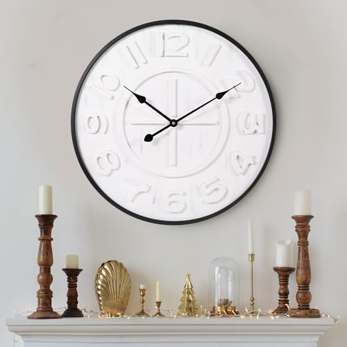 Modern 24-Inch Wall Clock, Iron & Wood with Distressed Vintage Finish – Silent Non-Ticking Quartz Movement, Battery Operated, Easy to Hang, for Living Room, Office, Classroom
