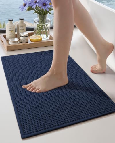 Color&Geometry Dark Blue 30x17 Waffle Bath Mat, Non Slip Bathroom Rug - color: Dark Blue, size: 17"x30"
