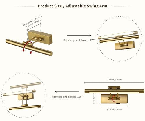 Battery Operated Picture Lights with Remote and Timer,Wireless Art Light for Paintings with Adjustable Swing Arm Brass Gallery Lights 12in Rechargeable Wall Sconce - color: Model B-Brass