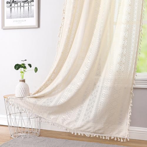 Beige Boho Sheer Lace Window Curtains with Tassel, 40" Wx54 Lx2 - color: Beige, size: 40"W x 54"L (Pack of 2)