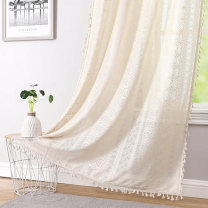 Beige Boho Sheer Lace Window Curtains with Tassel, 40" Wx54 Lx2 - color: Beige, size: 40"W x 54"L (Pack of 2)