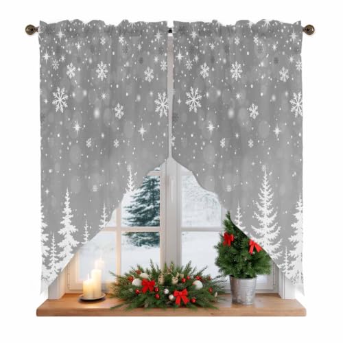 Grey Christmas Swag Valances Kitchen Curtains 36 Inches Length, Winter Pine Trees Forest Snowflakes Tier Drapes Swag Topper, Farmhouse Winter Snowy Scene Short Cafe Window Treatments 2 Panels 28"x36" - color: Gray White, size: 28"W x 36"L (Pack of 2)