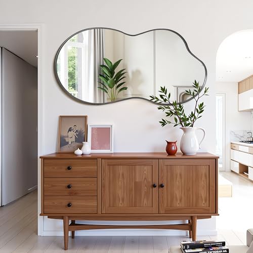 Suidia Irregular Wall Mirror, 48"x26" Bathroom Mirror Asymmetrical Mirrors Artistic Mirrors Decorative for Living Room Bedroom Bathroom Hallway Entryway, Black, Cloud Style - color: Black, size: 48"L x 26"W
