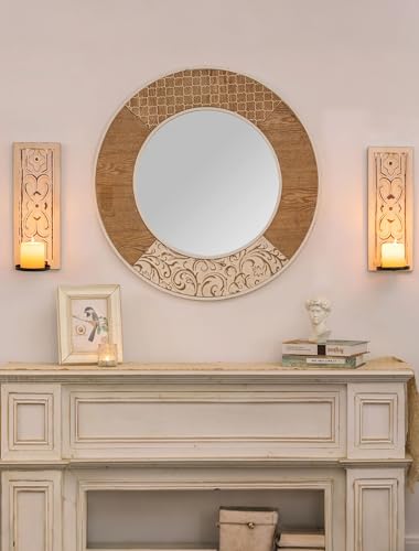 Whitewashed Wood Wall Candle Sconces Set of 2, Floral Design - color: Distressed White