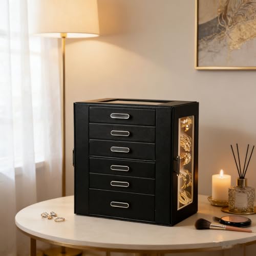 BOOVO Clear Lid Jewelry Box,6 Layers Jewelry Organizer (Black, 6 Layer) - color: Black, size: 6 Layer