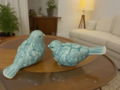 Ceramic Bird Figurines, Set of 2 Decorative Bird Statues, Home Office Decor for Cabinet Shelves Entryway Bookcase TV Stand, Micro Landscape Accessories (Light Green)