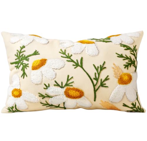 Embroidered Throw Pillow Cover, 20x12 Inch, Daisy - color: Daisy, size: 20" x 12" (Pack of 1)
