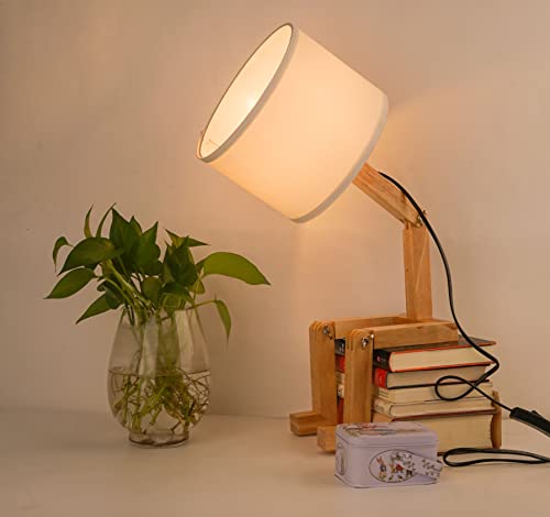 Robot Bedside Lamp, Fabric Lampshade Match Foldable Solid Wood Body, Creative E27 Screw Table Lamp for Bedroom Living Room - style: Modern