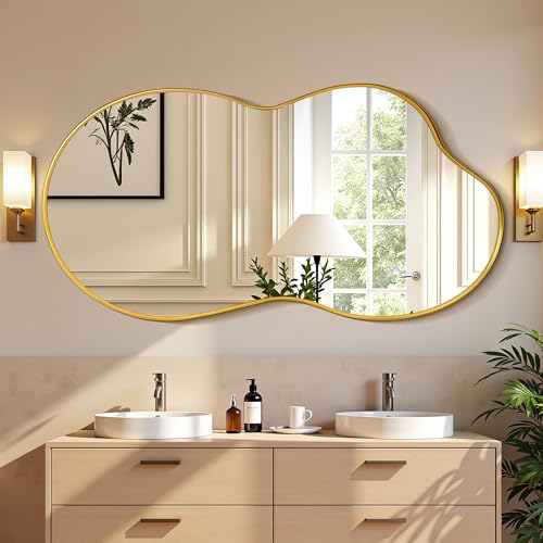 Suidia Irregular Wall Mirror, 40"x26" Bathroom Mirror Asymmetrical Mirrors Artistic Mirrors Decorative for Living Room Bedroom Bathroom Hallway Entryway, Gold, Cloud Style - color: Gold, size: 40"L x 26"W