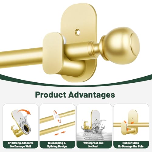 USFOOK Gold Curtain Rods No Drilling 16 to 30 Inch, Adhesive Window Rod - color: Gold, size: 16-30"