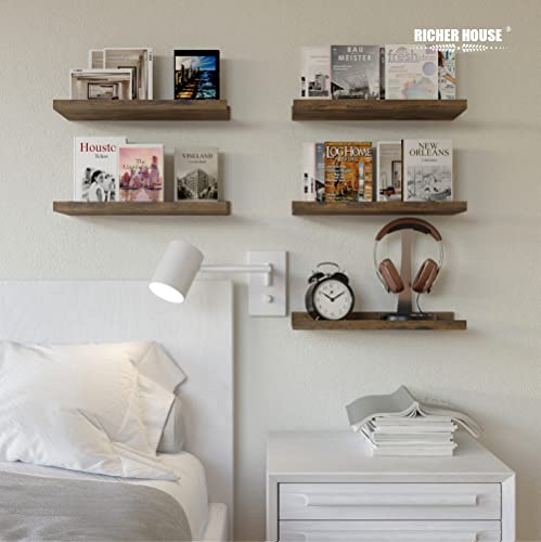 RICHER HOUSE 5-Set Floating Shelves with Lip, Brown Wall Mounted Wood Shelf - color: Brown, size: 16in