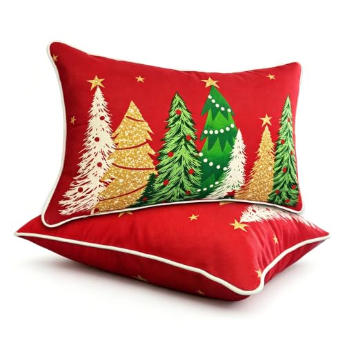 JMGBird Christmas Tree Outdoor Pillow Covers 12x20 Inch, Set of 2, Red, with Pillow Inserts Included - color: Paisley, size: 20" x 12" (Pack of 2)