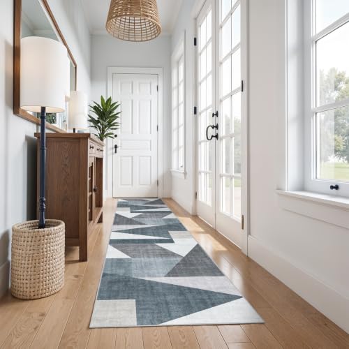 3x12 Washable Geometric Runner Rug - Non-Slip Modern Hallway Rugs Blue Grey - color: Blue/Grey, size: 3' x 12' (Rectangular)