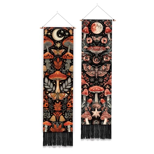 PLIGREAT 2 Pack Mushroom Moth Tapestry, Vintage Botanical Wall Hanging with Tassels Moon Plant Vertical Wall Tapestry for Bedroom Living Room Home Decorations, 52 x 13 Inch - color: red,black