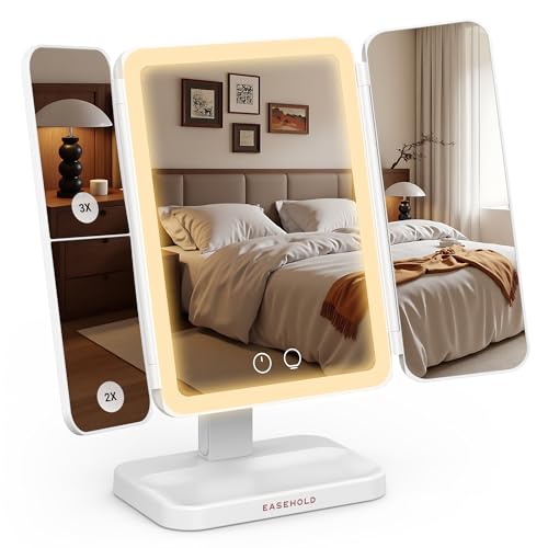 EASEHOLD Trifold Lighted Makeup Vanity Mirror with 1X/2X/3X Magnification - color: A-white- 2000 Mah Rechargable
