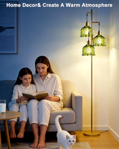 Lightdot Green Glass Floor Lamp Dimmable with LED Bulbs & Flower Shade - color: 3 Green Glass-Gold I