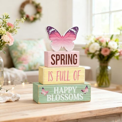 Spring Decoration Wooden Tiered Tray Decor – Butterfly Spring Stacked Block Sign with Floral Accents – Farmhouse Tabletop Spring Decor for Shelf Mantel Seasonal Home Display - style: Butterfly