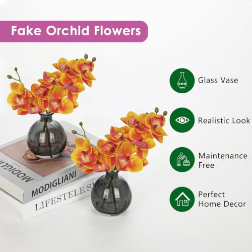 Yellow Orchids Artificial Flowers Faux Orchid Arrangement with Glass Vase - color: Orangey Yellow/Black Vase