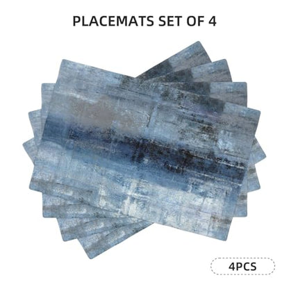 Modern Art Placemats Set of 4 Linen Washable 12x18 inch - color: White Blue