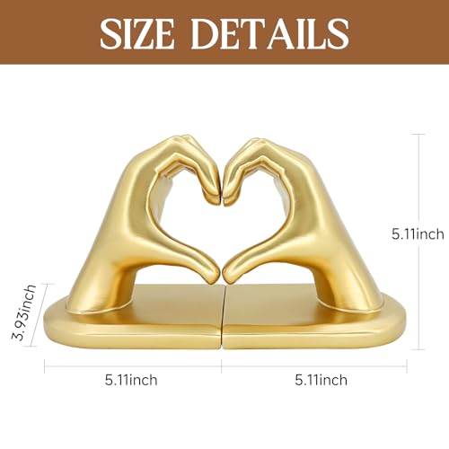 Book Ends for Shelves, Gold Heart Hands Decorative Bookends Book Holder for Bookshelf Decor, Unique Book Holders Heavy Duty Book Stopper Book Shelf Sculpture Aesthetic Decor for Rooms Office Home