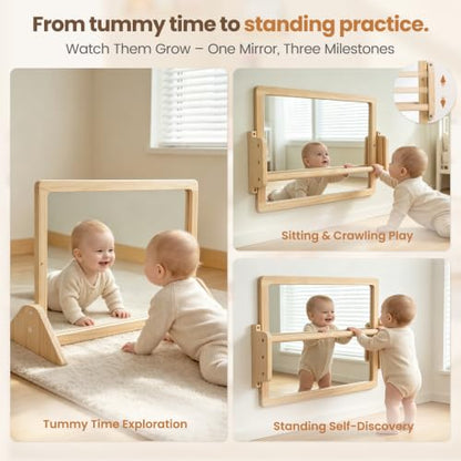 Montessori Mirror with Pull Up Bar, 23.6 x 15.7 in Natural Wood Frame & Shatter-Resistant Acrylic Baby Mirror for Floor and Wall, Tummy Time and Pull-to-Stand Practice - size: 23.6 x 15.7 inches