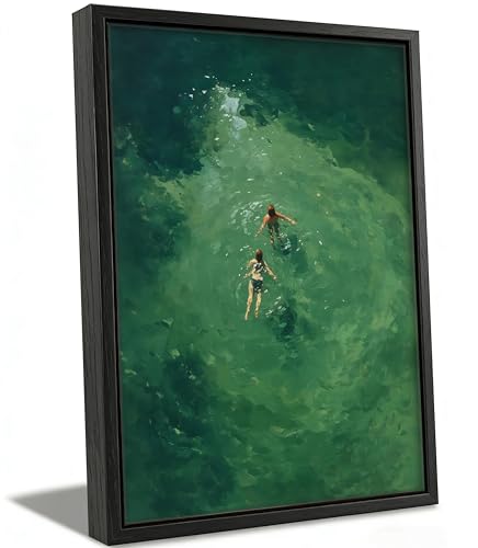 Framed Green Ocean Swim Wall Art, Whimsical Aerial Swimmers Wall Decor,Summer Oil Painting Canvas Print Picture, Minimalist Beach House Poster Artwork for Coastal Living Room Bedroom Decoration 8x11in - color: swim, size: 10"Lx8"W