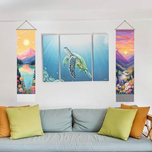 AHANDMAKER 2Pcs Colorful Sunrise and Sunset Tapestry, Mountain River Landscape Long Vertical Wall Hanging, Nature Scenery Tassel Wall Aesthetic Tapestry for Bedroom Living Room, 45.7x13Inch - color: Sunrise and Sunset