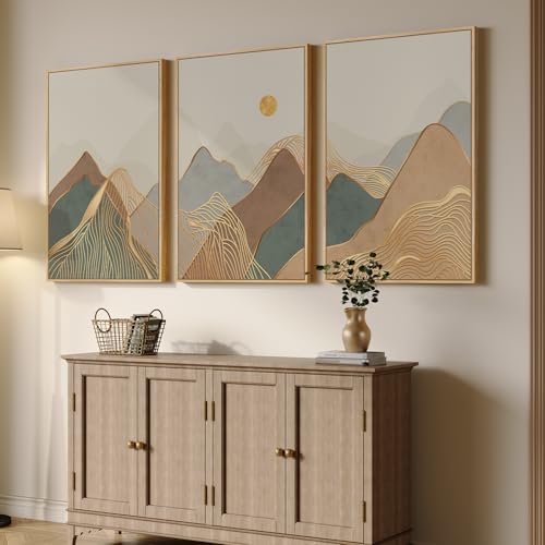 Large Framed Boho Modern Mountain Wall Art for Living Room, 3 Piece, 24x36 - color: Neutral Gold, size: 24" W x 36" H x 3Pcs