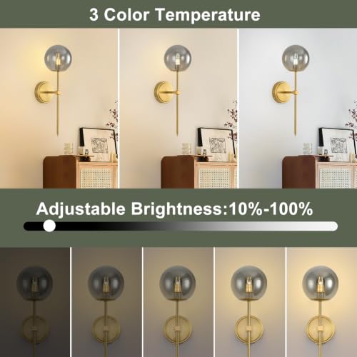 Globe Battery Operated Sconce Set of 2 with Clear Glass Lampshade - color: Gold-Smoky Gray