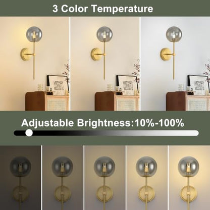 Globe Battery Operated Sconce Set of 2 with Clear Glass Lampshade - color: Gold-Smoky Gray