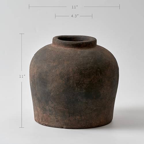 LB2 Brown Ceramic Large Vase, 11" Tall Zen Style vase, Terra Cotta Pitcher, Distressed Farmhouse Decor, Pottery Decorative Flower for Home Decor (B - Brown 11") - color: Brown