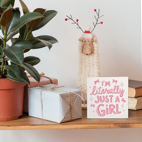 Pink Coquette Bow Room Decor Wooden Signs,Preppy Pink Bow Wooden Box Sign,I'm Literally Just A Girl Decor For Home Desk Tabletop Shelf Decoration 5x5 Inches - color: Bow8