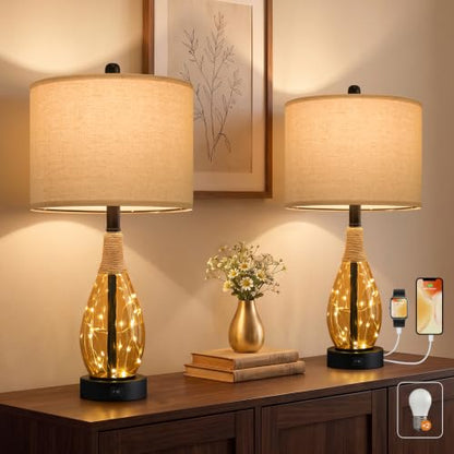 OYEARS 23" Table Lamps for Living Room Set of 2 Bedside Lamps for Night Stands Bedroom Lamps Farmhouse Rattan Boho Lamp Glass Nightlight End Table Lamp,Two Light Points - color: Tea Brown
