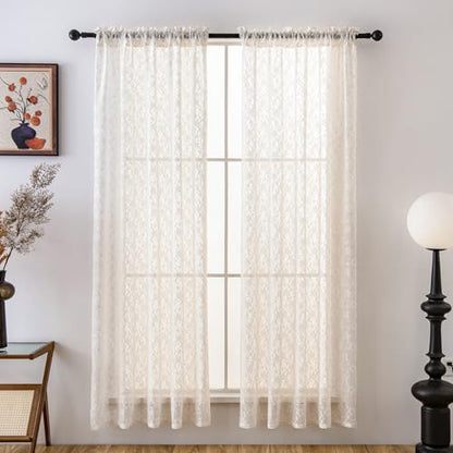 PearAge Lace Sheer Curtains for Living Room, 63 Inch Length, Elegant Lace-Style Voile Drapes for Bedroom, Kitchen or Dining Room, 42W x 63L Inch, 2 Panels Beige - color: Beige