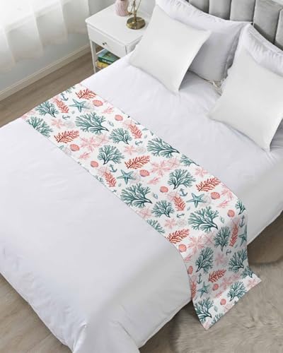 DecorLovee Turquoise Red Coastal Bed Runner for Twin Size, Beach Nautical Throw for Foot of Bed, Ocean Coral Starfish Sofa Throw Bedding Scarf Protector Slipcover for Bedroom - color: Turquoise Red Coastal, size: 71"x20" for Twin Bed