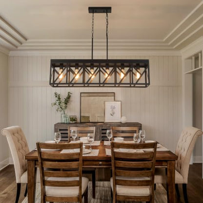 Rustic Farmhouse Metal Kitchen Island Lighting, 6 Lights Rectangular Pendant Light Fixture, Adjustable Rods Modern Metal Linear Chandelier for Kitchen Island Farmhouse Dining Room, Black - size: Large 6 lights