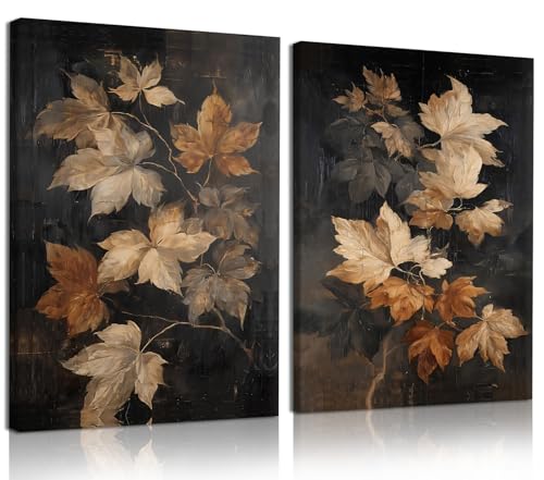 RUMSICH 2Pcs Vintage Gold-Brown Maple Canvas Wall Art 12x16 Inch Frame - color: Maple Leaf, size: 16"L x 12"W