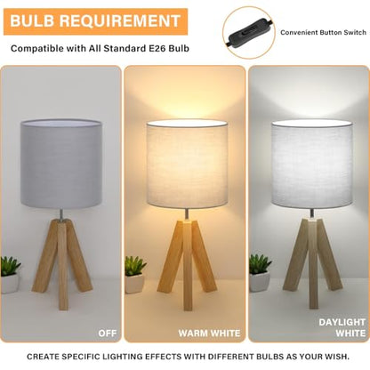 Brightever Small Bedside Table Lamp, Wooden Tripod Modern Table Lamp with Grey Linen Fabric Shade, Farmhouse Nightstand Lamp for Living Room, Bedroom, Home, Nursery, Office - color: Gray