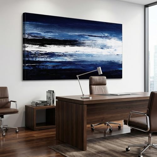 LKY ART Abstract Navy Blue White Canvas Wall Art, Panoramic 20"x40" - color: Dark blue, size: 40"L x 20"W