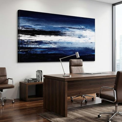 LKY ART Abstract Navy Blue White Canvas Wall Art, Panoramic 20"x40" - color: Dark blue, size: 40"L x 20"W