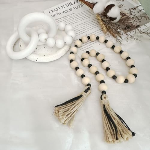 2 pcs Decorative Wood Knot Link Chain and Bead Decor, White Wooden Knot Decor for Coffee Table Farmhouse Decortive for Home Boho Modern Shelf Decortion(White) - color: White