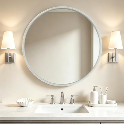 WallBeyond 36 Inch Round Wood Mirror, Large Circle Wooden Frame Wall Mirror for Bathroom, Living Room, Bedroom, Entryway (White) - color: White, size: 36"L x 36"W