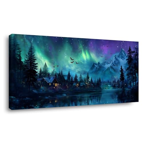 Aurora Borealis Northern Lights Canvas Wall Art Mountain Landscape Cabin Painting Flat Print Gallery Wrapped Night Sky Artwork for Living Room Bedroom Bathroom Decor, 40X20 INCH - color: Black Northern Lights Cabin 7, size: 40"L x 20"W, style: Mysterious