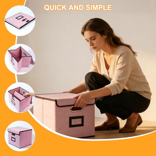 Large Square Storage Bin with Lid, Foldable Organizer Box with Handles & Label Design, for Office, Closet, Home, Documents, Pink, 12.20 x 10.63 x 10.63 Inches, 2 Pack - color: Pink, style: Square - 2 Pack