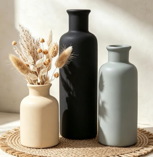 Ceramic Vase Set of 3, Neutral Rustic Vases for Farmhouse Decor Waterproof - color: 3pcs-multicolor