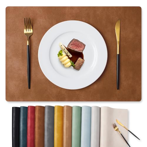 MOSAYT Fall Vinyl Faux Leather Placemats, Set of 6, Reddish Brown - color: Reddish Brown