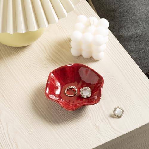 Ceramic Ring Dish, Jewelry Trinket Tray for Rings and Earrings - color: Red Surface
