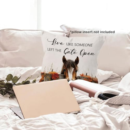 Fall Horse Daisy Floral Pumpkin Leaves Throw Pillow Covers 18x18 - color: Horse-02