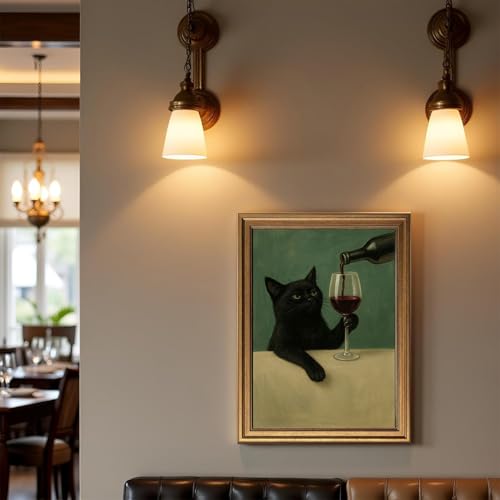 Vintage Gold Framed Wall Art Eclectic Black Cat with Wine Glass Prints - color: Drinking cat, size: 16"x24"