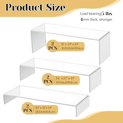 6 Pack Large Acrylic Display Risers, 12" Large Risers Displays Stands, Collectibles Display Shelf, Perfume Organizer Stand, Clear Rectangular Stands for Showcase, Collectibles, Cupcake, Dessert, 3 Sizes